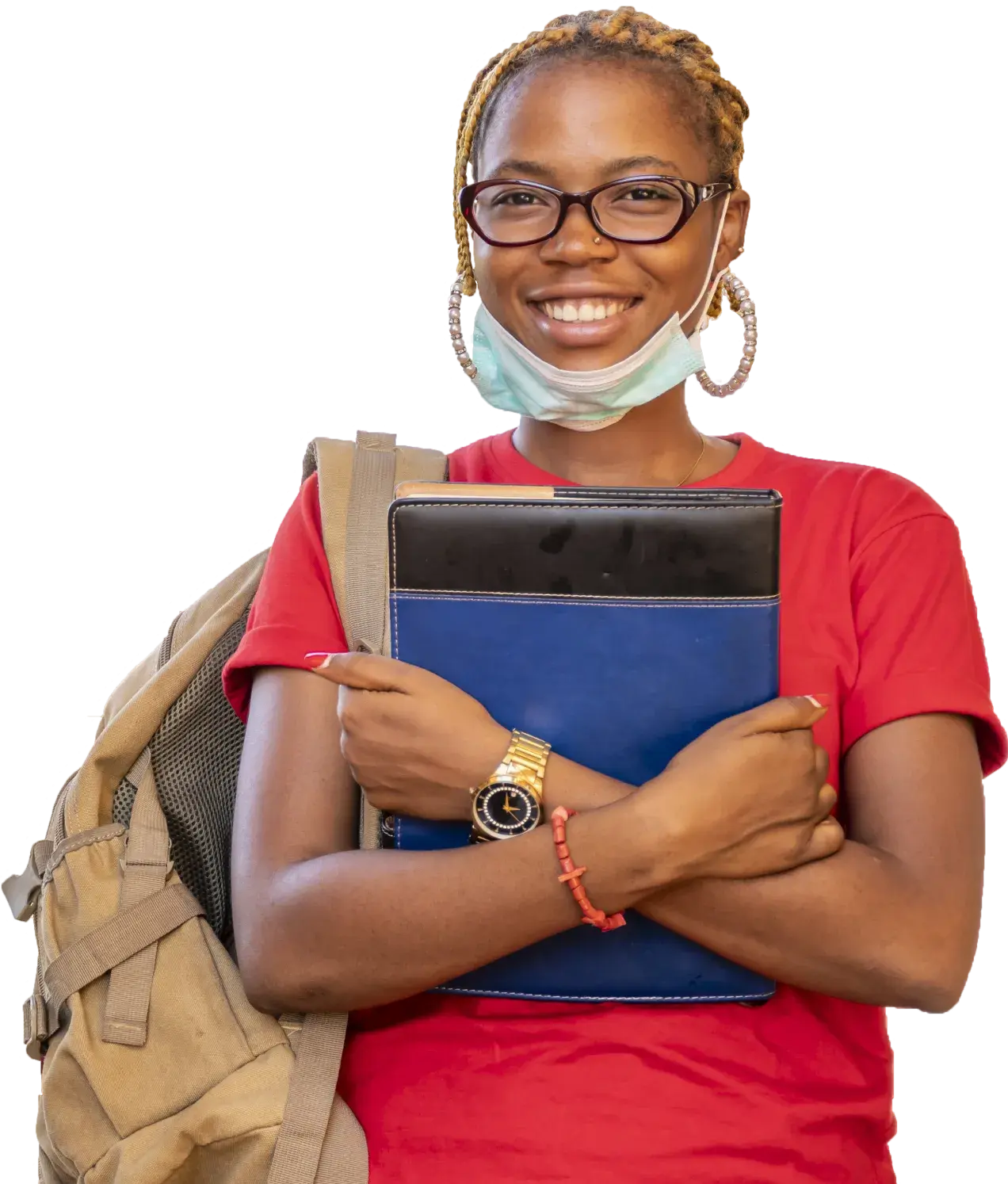 Young African Female Student with a face mask holding her books